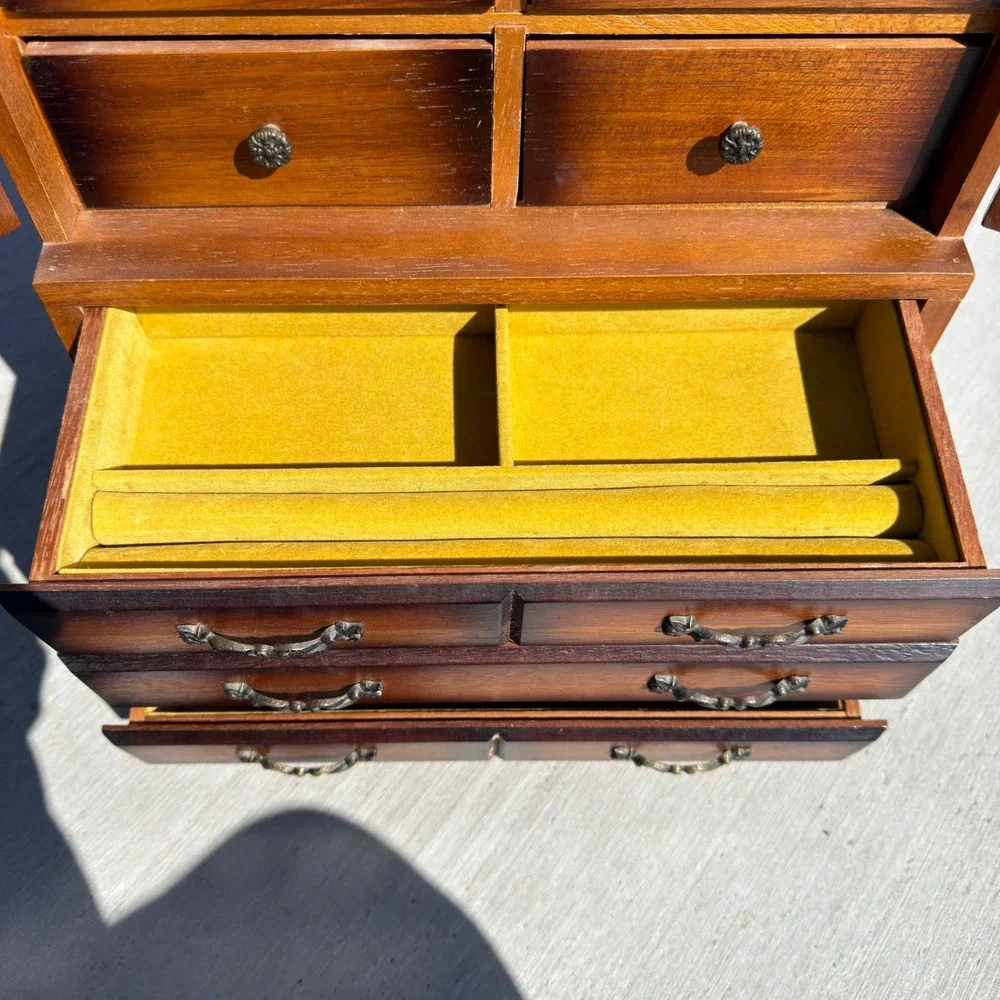 Vintage Made in Japan Wood Jewelry Armoire Spindle Door Tabletop Chest 11 Drawer
